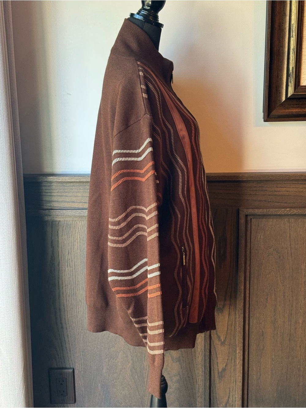 Silversilk Brown Bomber zip up sweater Jacket with Cream & Rust Wavy Stripes 3x - Picture 5 of 9